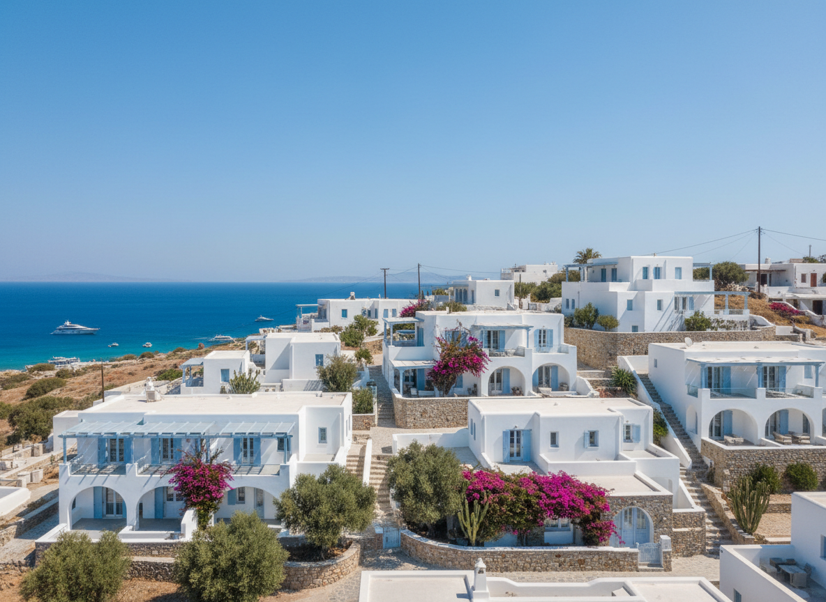 Beautiful Greek residential real estate — whitewashed traditional homes and modern apartments in Greece, with blue-domed architecture, Mediterranean style buildings, scenic hillside properties, bright sunlight, blue sky, Cycladic style, elegant and professional real estate photography